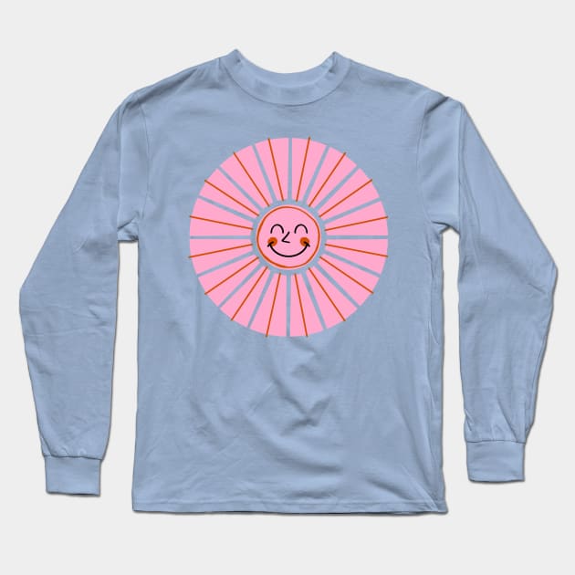 Boho Pink Sun Smile Retro 70s Long Sleeve T-Shirt by Trippycollage